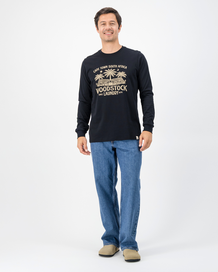 Mens Long-Sleeve T-Shirt - White Leopard Palm on Black