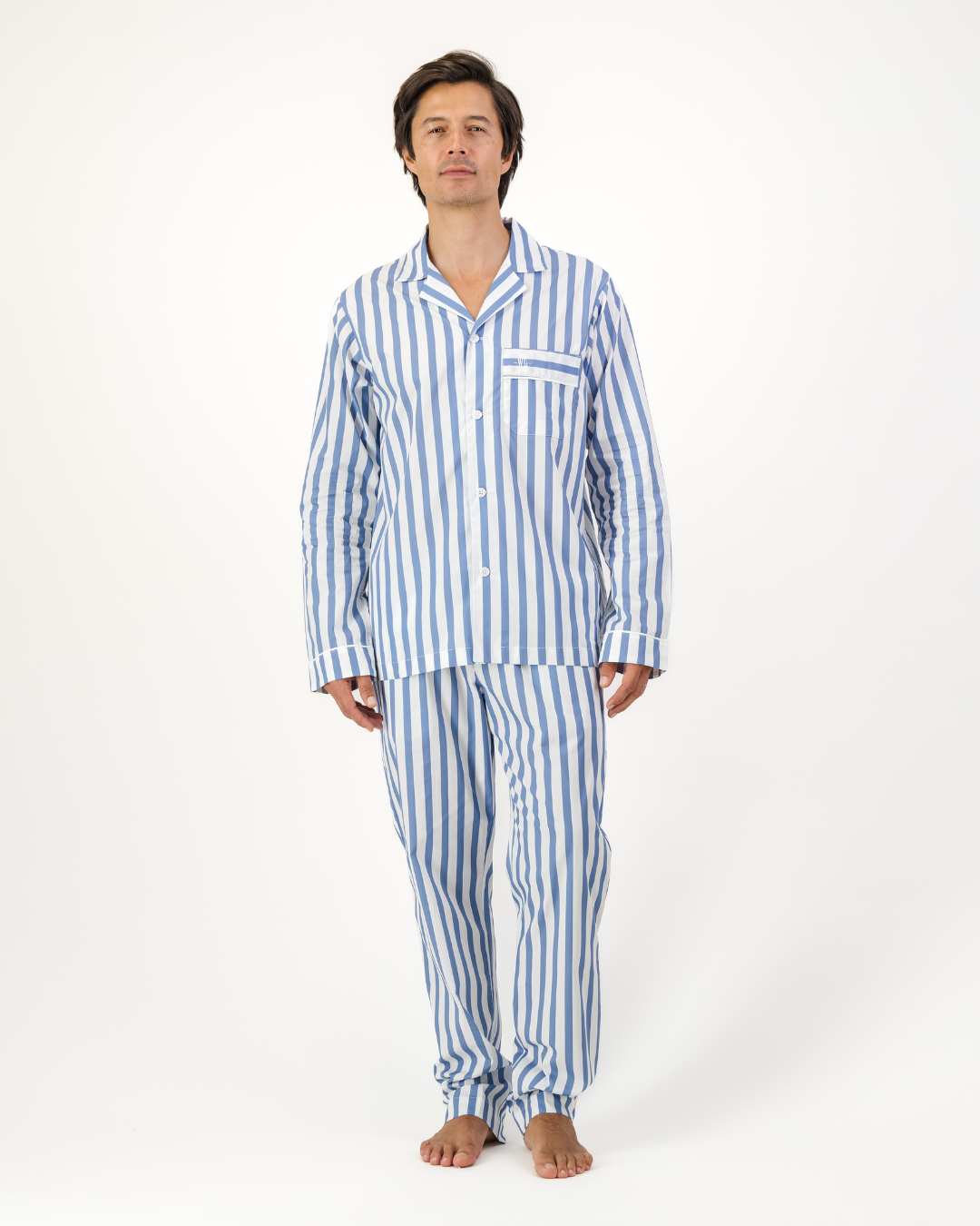 Mens Long Pyjamas - Beach Stripe on White