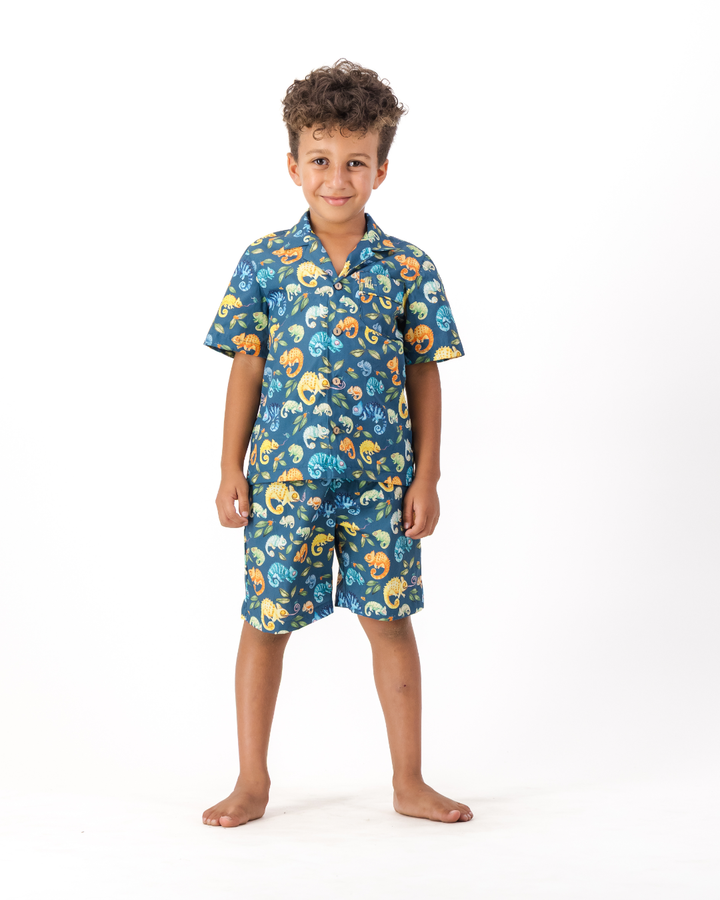 Boys Short Pyjamas - Chameleons on Blue