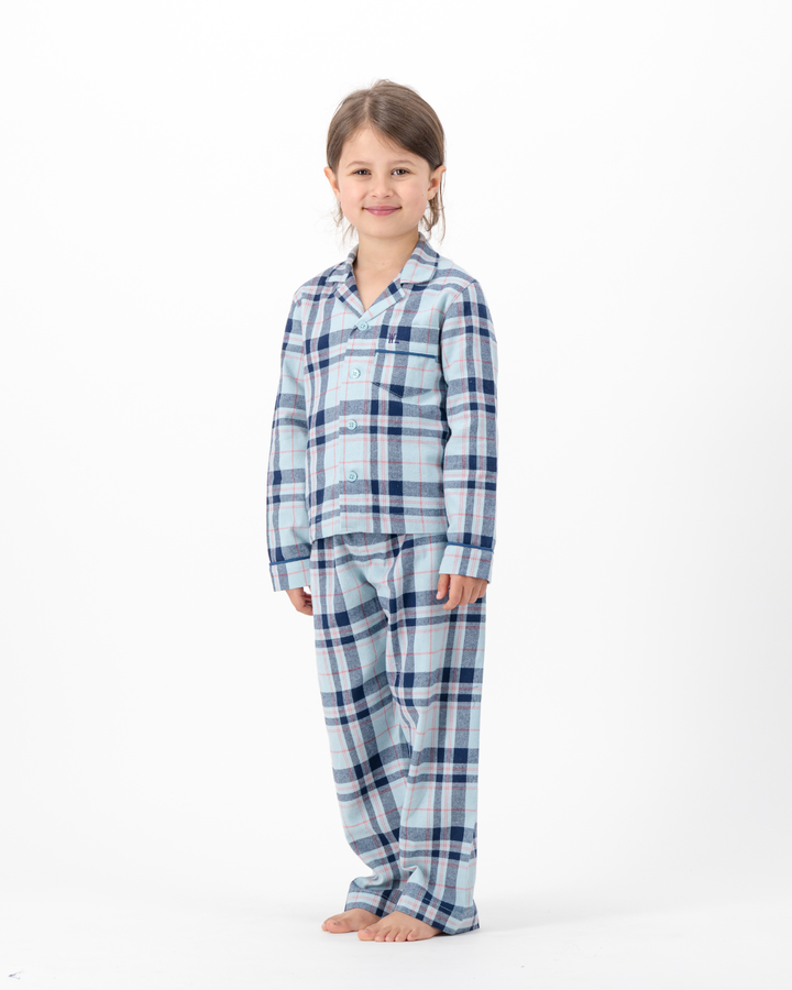 Kids Long Pyjama with Revere Collar - Billy on Turquoise