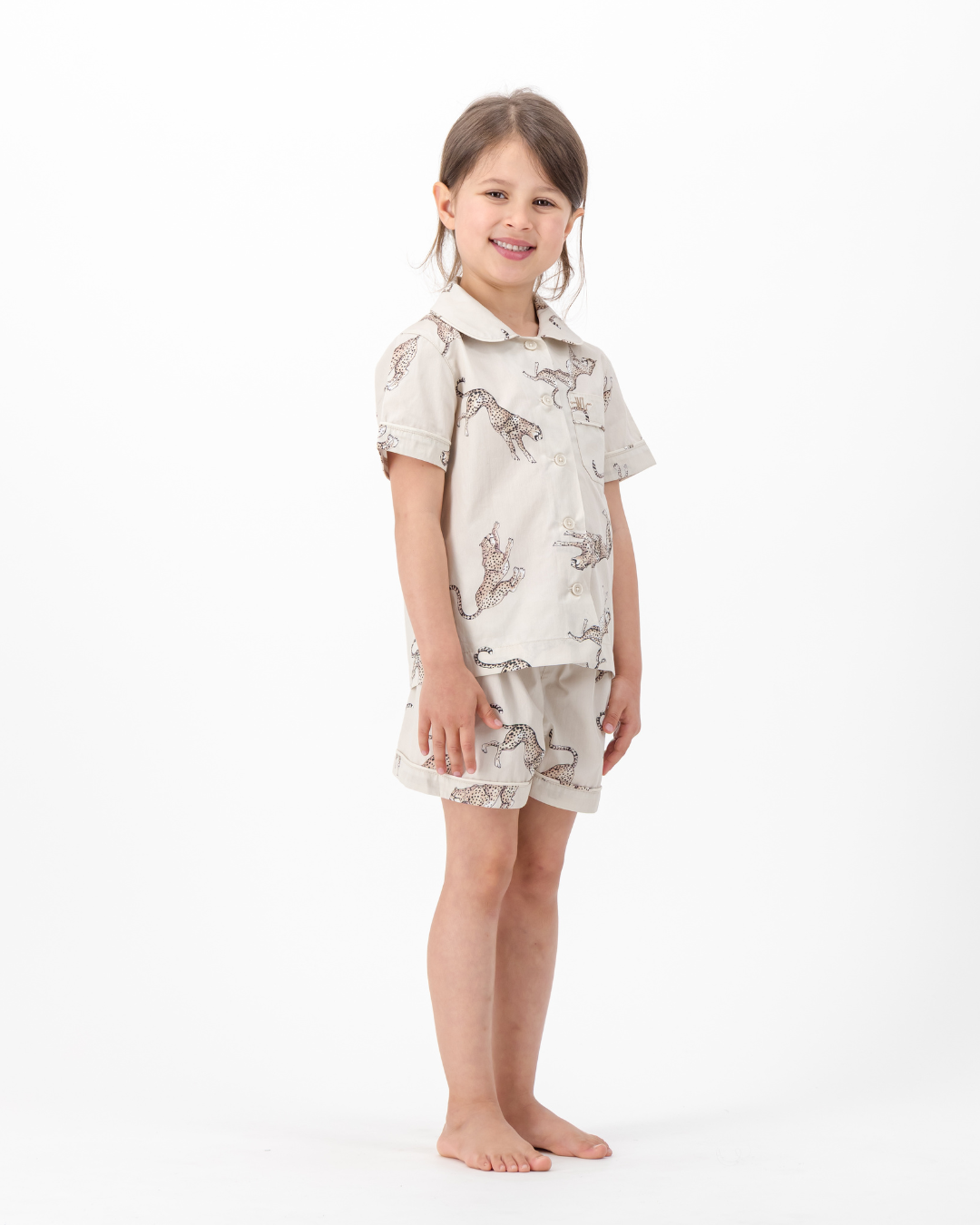 Girls Short Pyjamas - Jumping Cheetah on Beige