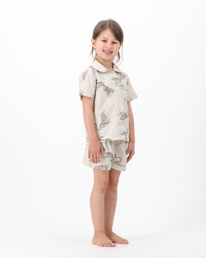 Girls Short Pyjamas - Jumping Cheetah on Beige