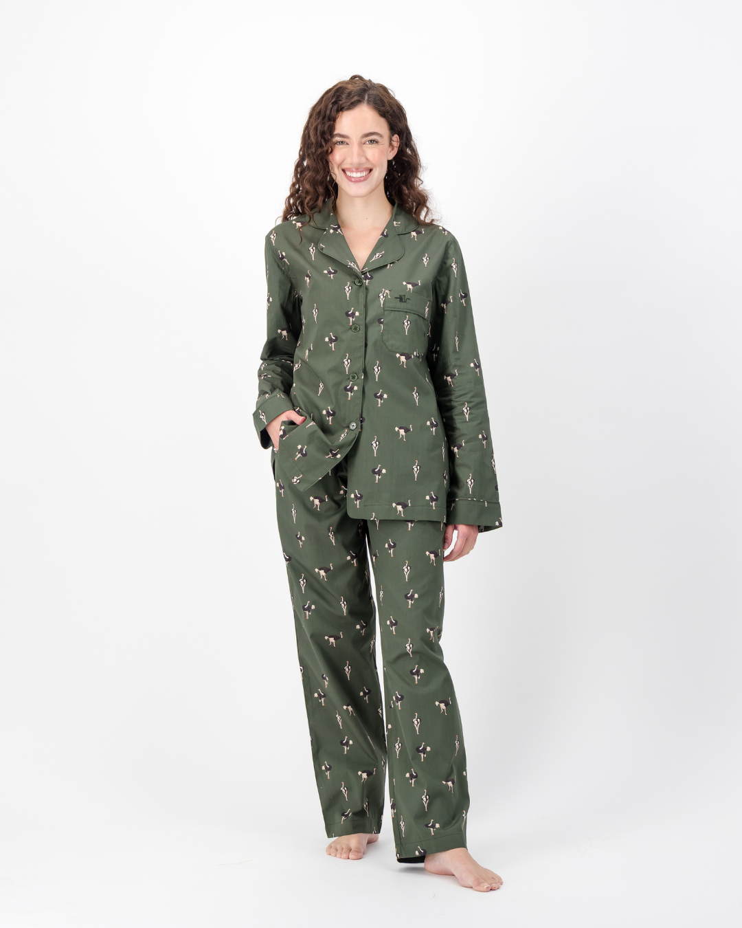 Womens Long Pyjamas - Ostrich on Emerald