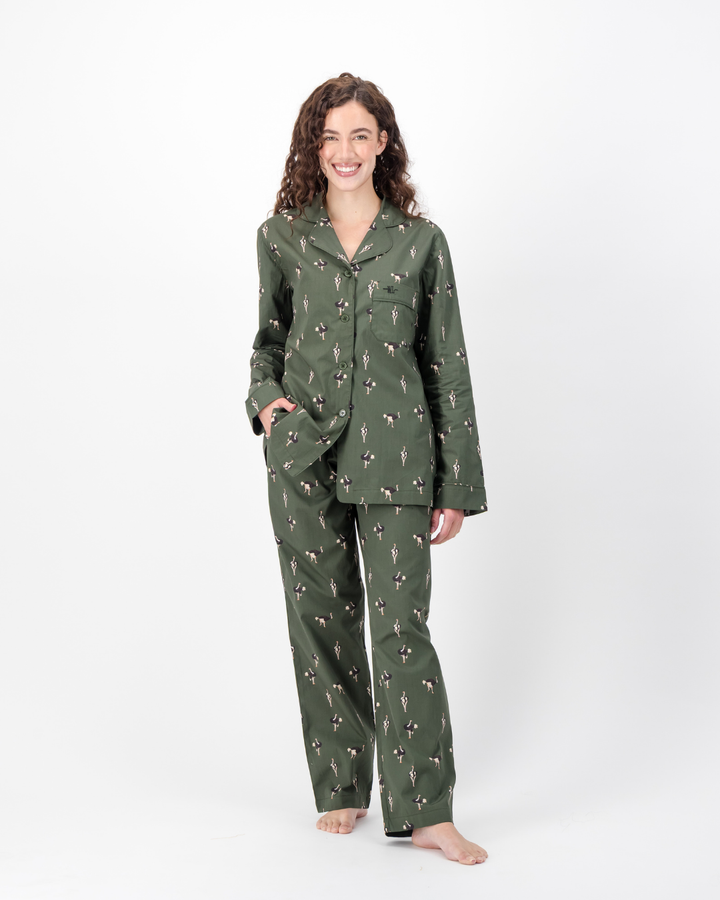 Womens Long Pyjamas - Ostrich on Emerald