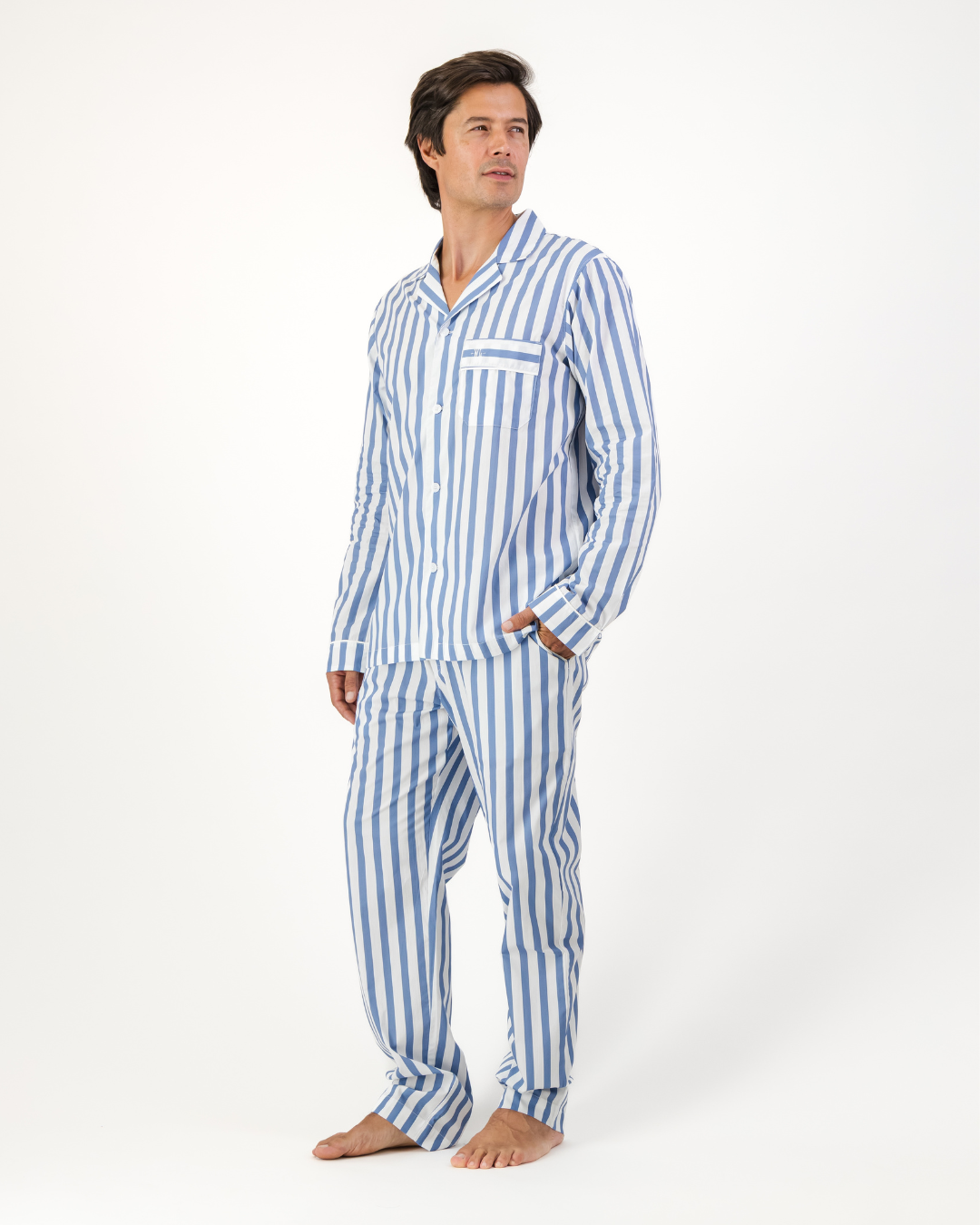 Mens Long Pyjamas - Beach Stripe on White
