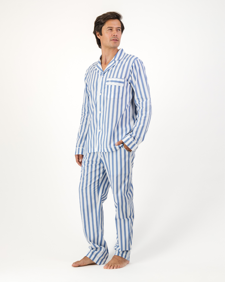 Mens Long Pyjamas - Beach Stripe on White