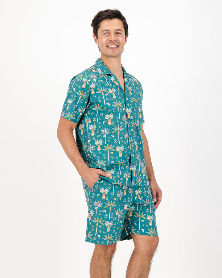 Mens Short Pyjamas - Monkeys and Palms on Teal