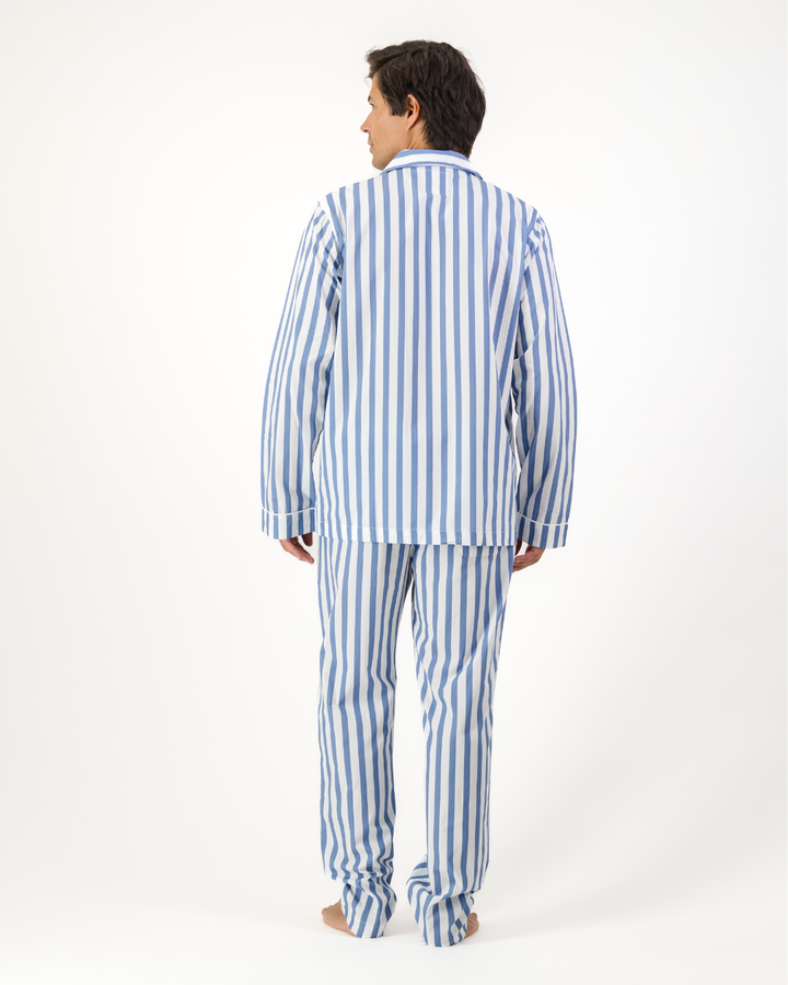 Mens Long Pyjamas - Beach Stripe on White