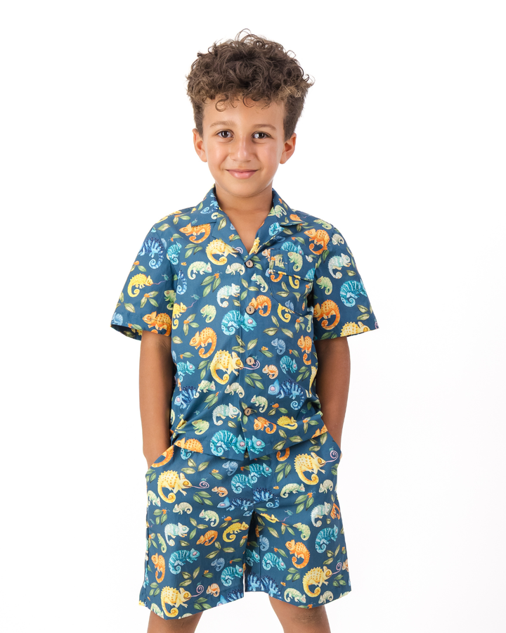 Boys Short Pyjamas - Chameleons on Blue
