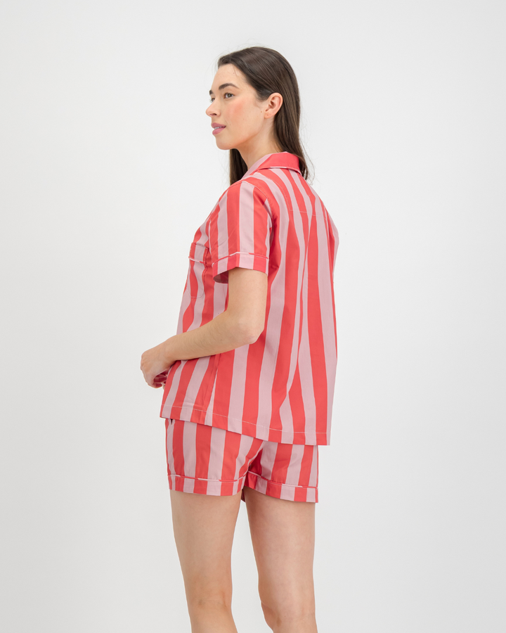Womens Short Pyjamas - Pink Stripe on Red