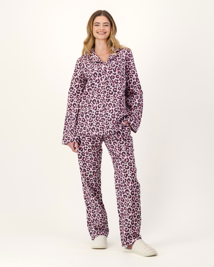 Womens Long Pyjamas - Leopard Skin on Pink