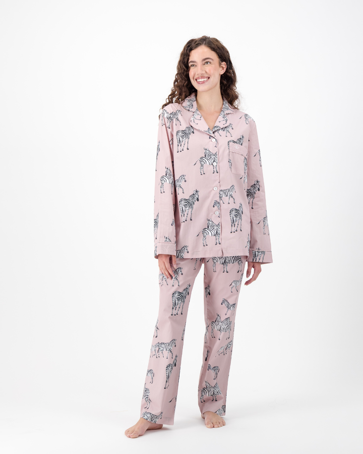 Womens Long Pyjamas - Mono Zebra on Pink