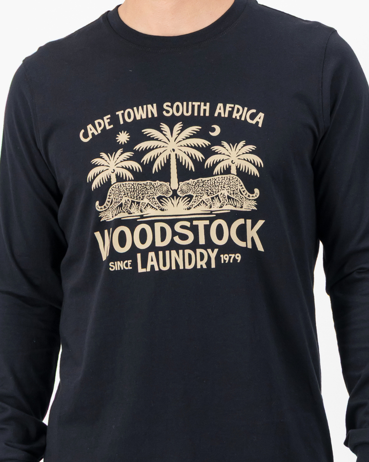 Mens Long-Sleeve T-Shirt - White Leopard Palm on Black