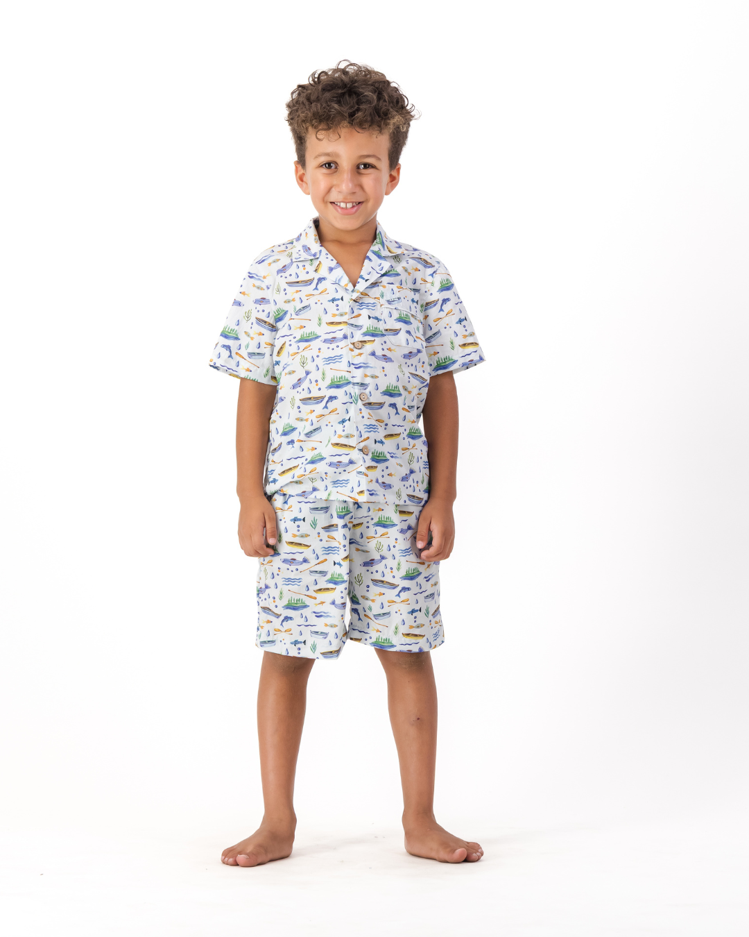 Boys Short Pyjamas - Boats and Fish on Light Blue