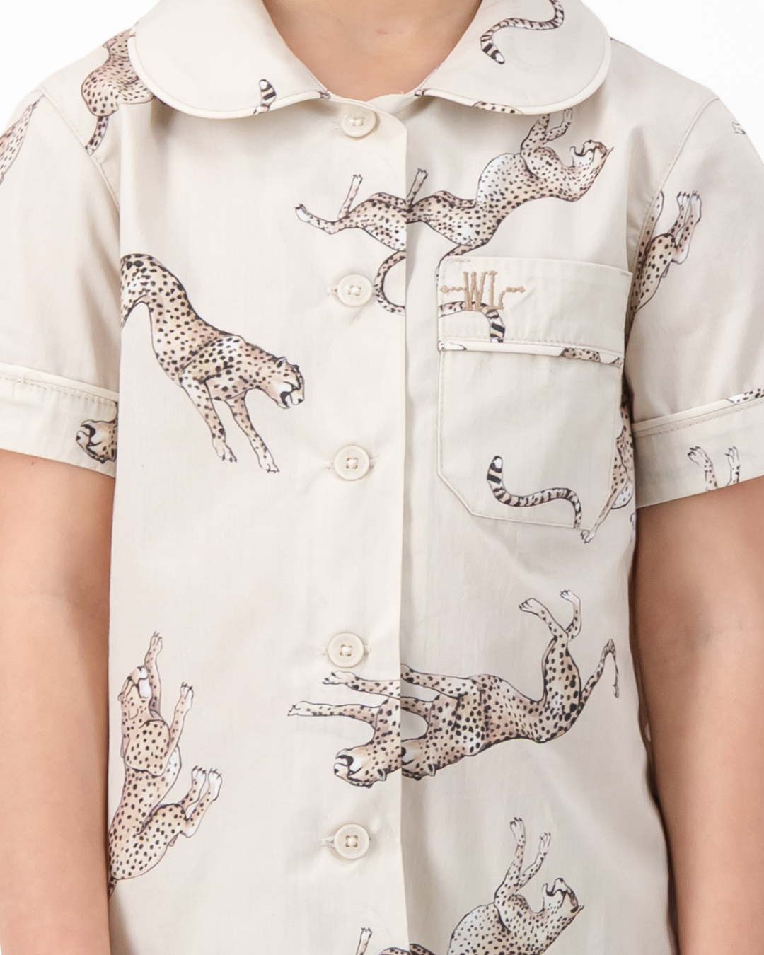 Girls Short Pyjamas - Jumping Cheetah on Beige