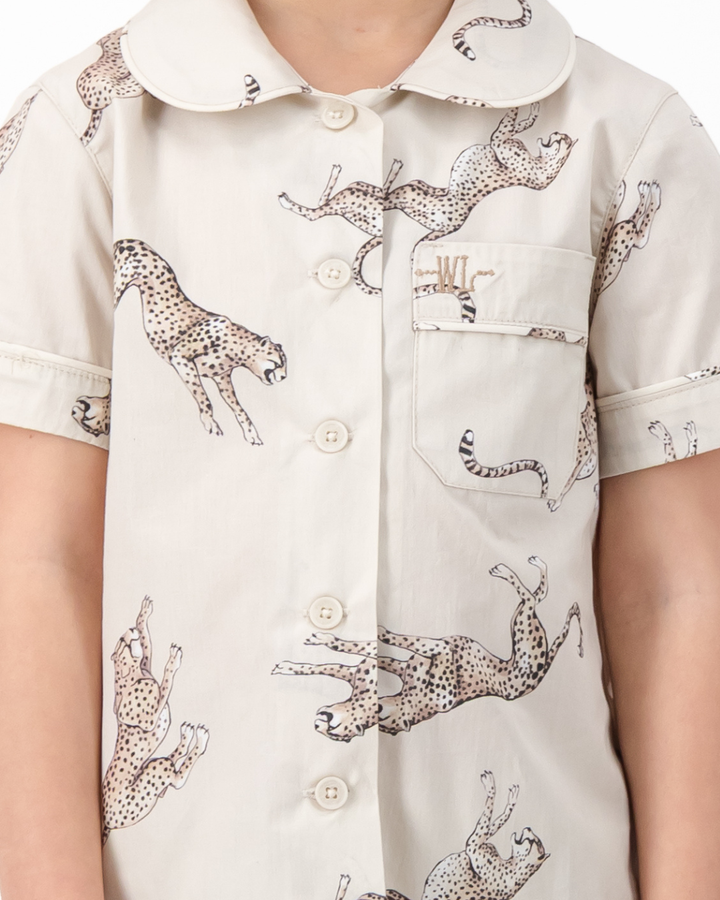 Girls Short Pyjamas - Jumping Cheetah on Beige