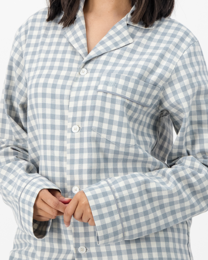 Womens Long Pyjamas - Grey Gingham on Cream