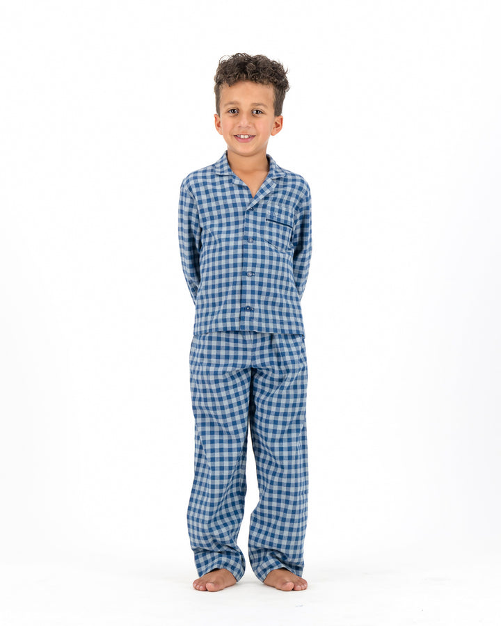Kids Long Pyjamas - Grey Gingham on Navy