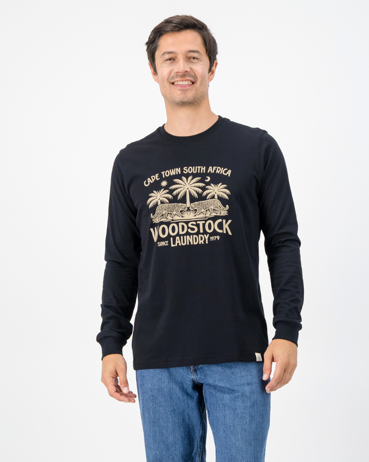 Mens Long-Sleeve T-Shirt - White Leopard Palm on Black