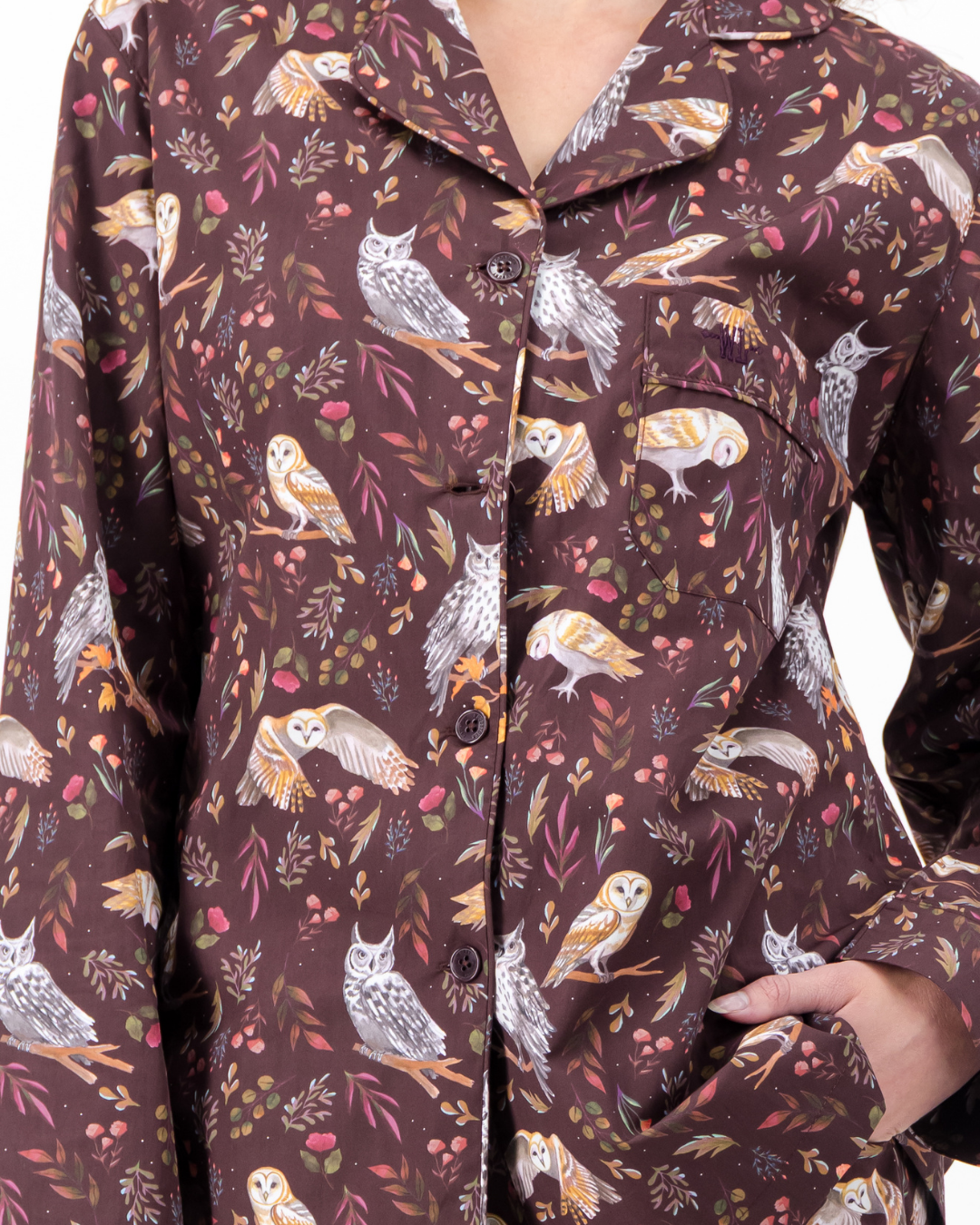 Womens Long Pyjamas - Owls on Burgundy