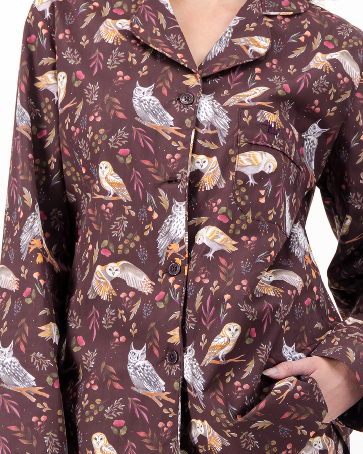 Womens Long Pyjamas - Owls on Burgundy