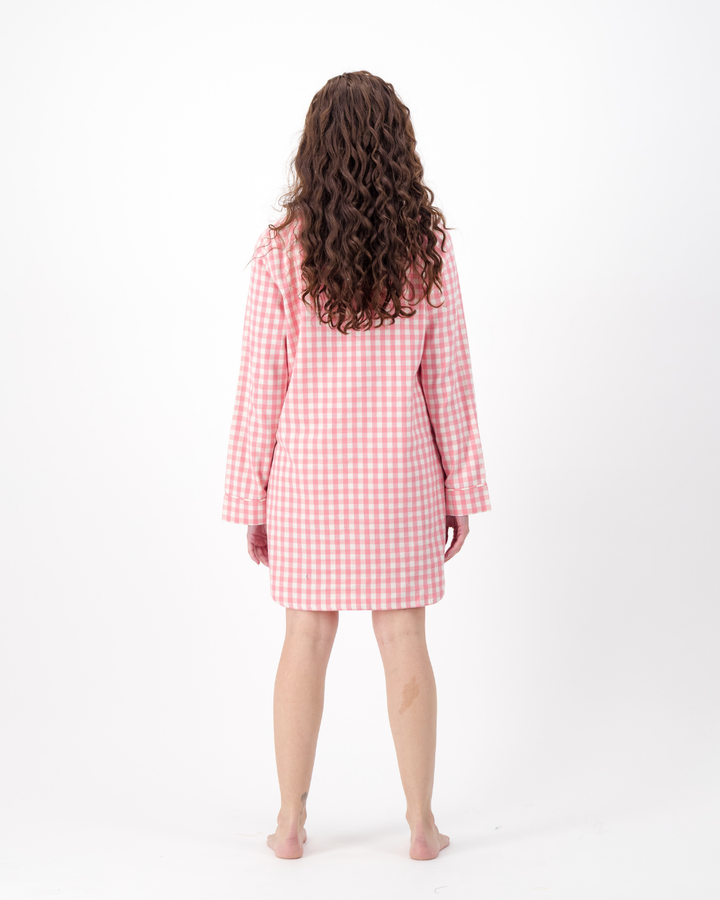 Womens Long-Sleeve Sleep Shirt - Pink Gingham on Cream