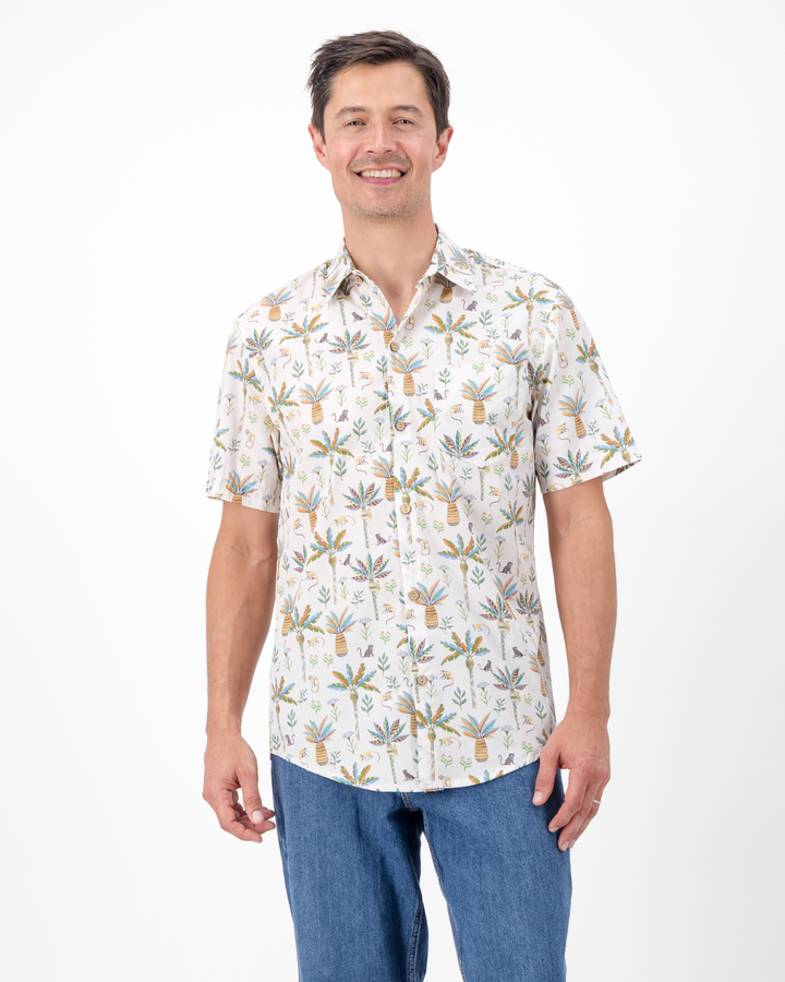 Mens Holiday Shirt - Monkeys and Palms on Off-White