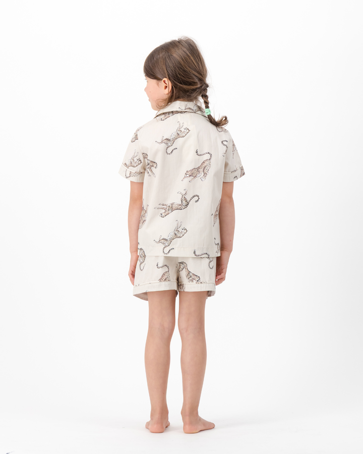 Girls Short Pyjamas - Jumping Cheetah on Beige
