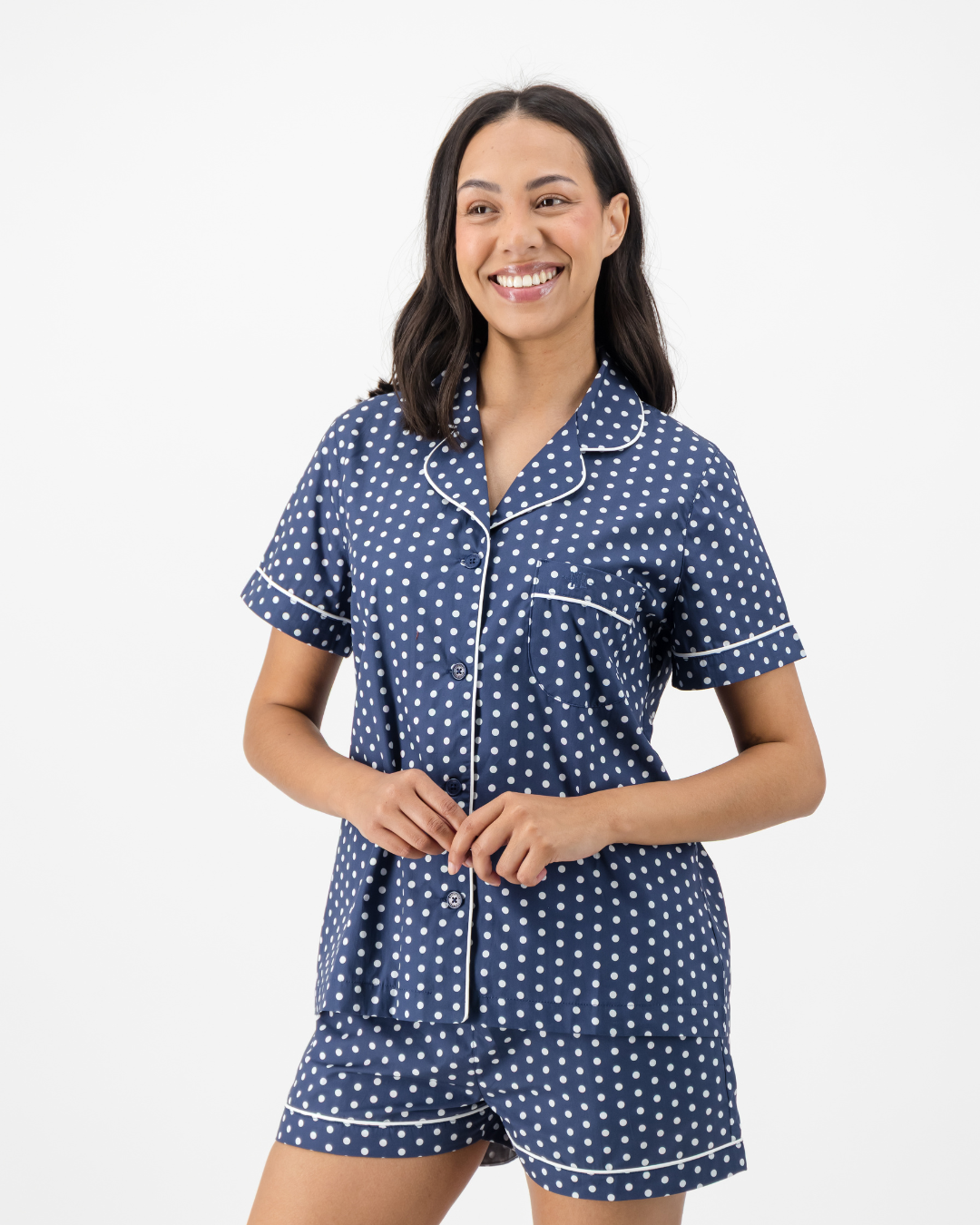 Womens Short Pyjamas - White Polka Dot On Navy