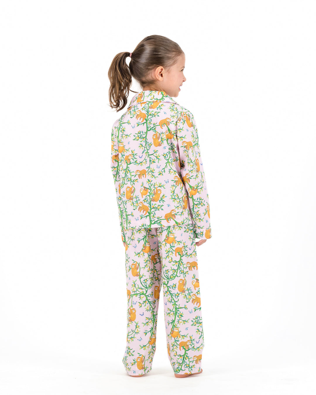 Girls Long Pyjamas - Sloths and Blue Butterflies on Pink