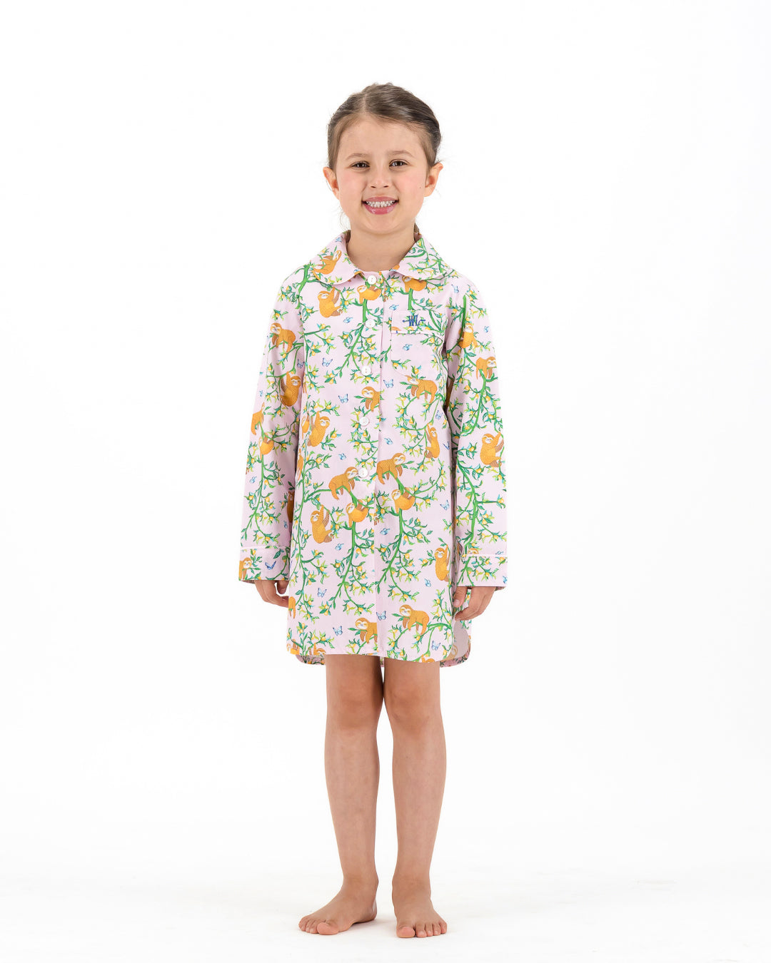 Girls Long Sleeve Sleepshirt and Shorts Set - Sloths and Blue Butterflies on Pink
