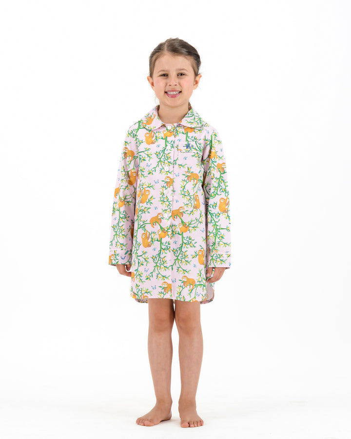 Girls Long Sleeve Sleepshirt and Shorts Set - Sloths and Blue Butterflies on Pink