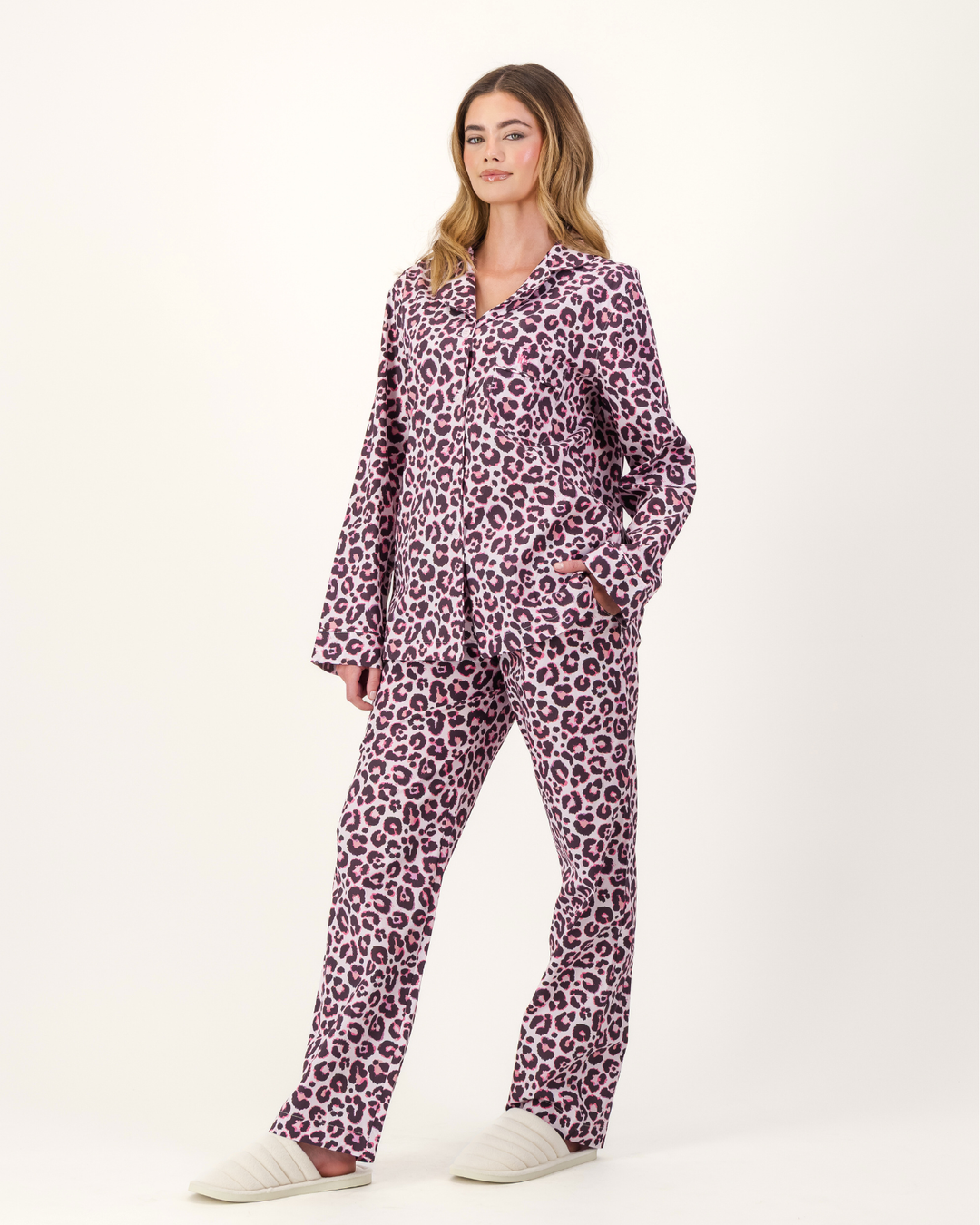 Womens Long Pyjamas - Leopard Skin on Pink