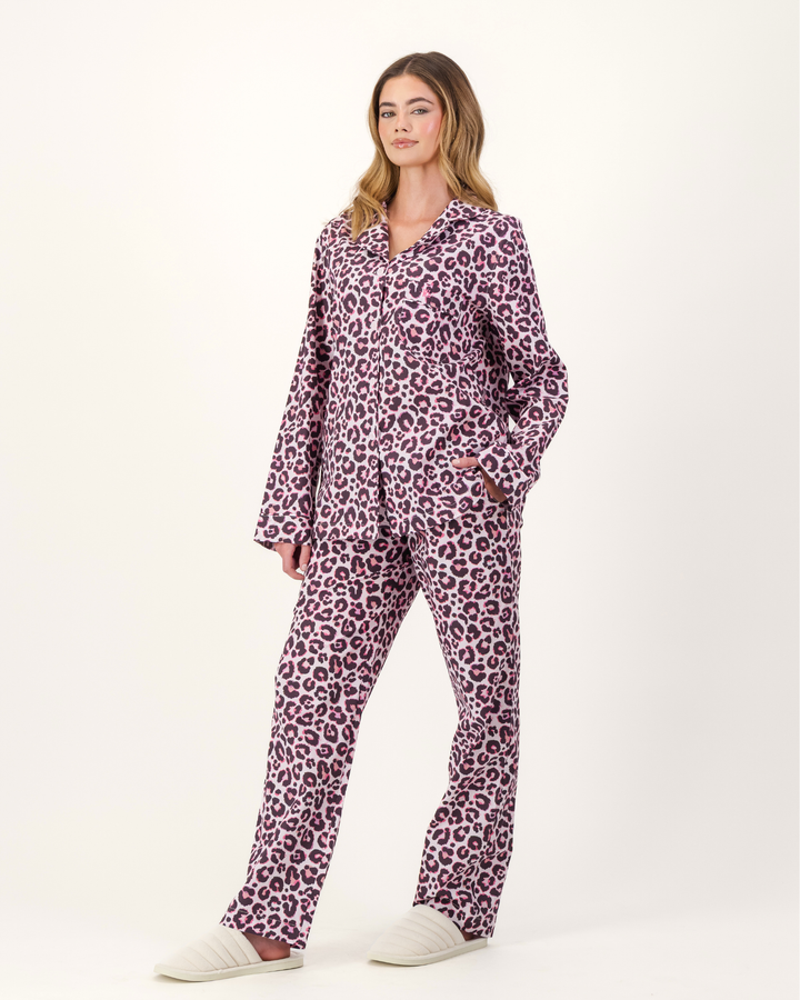 Womens Long Pyjamas - Leopard Skin on Pink