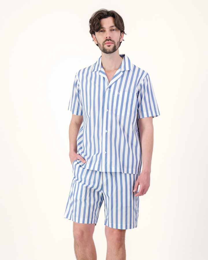 Mens Short Pyjamas - Beach Stripe on White