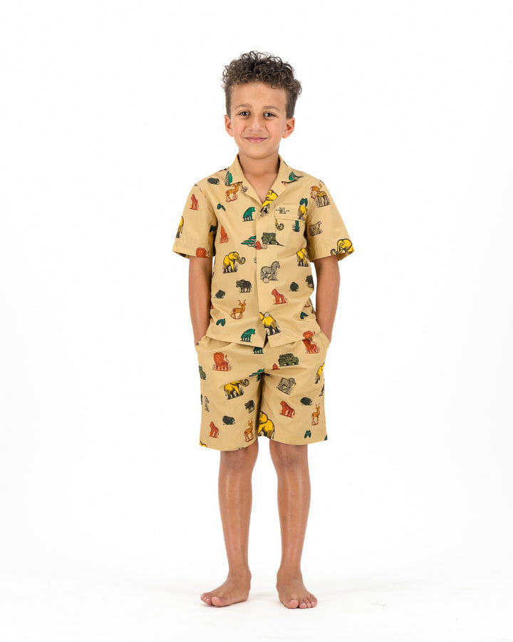 Boys Short Pyjamas - Safari Animals on Khaki