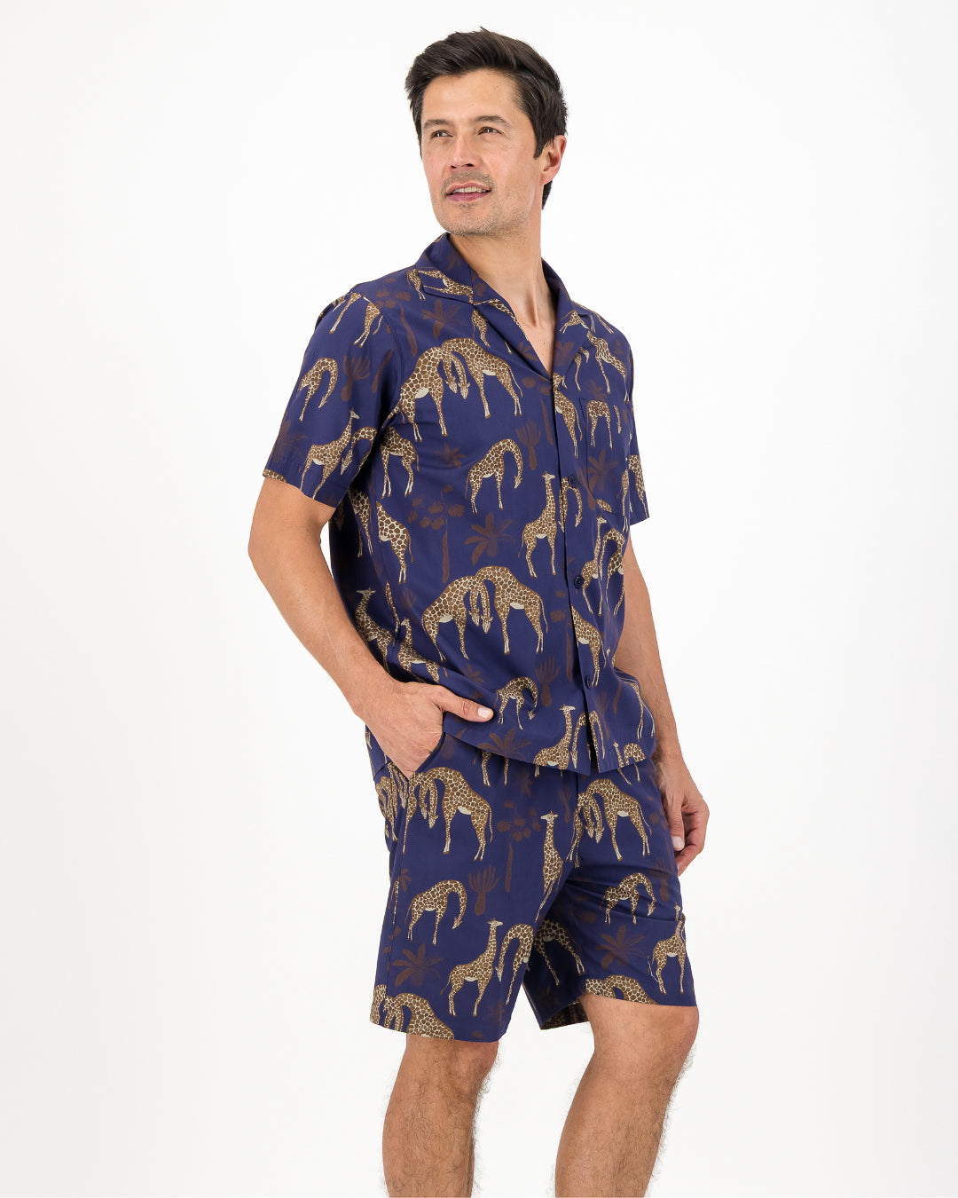 Mens Short Pyjamas - Brown Giraffes on Navy