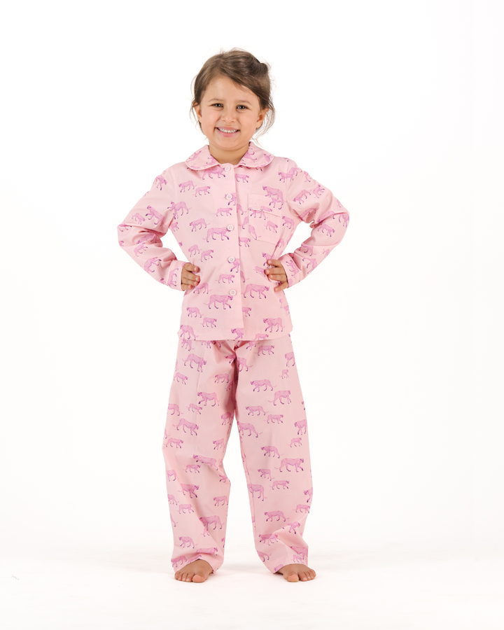 Girls Long Pyjamas - Pink Cheetahs on Pink
