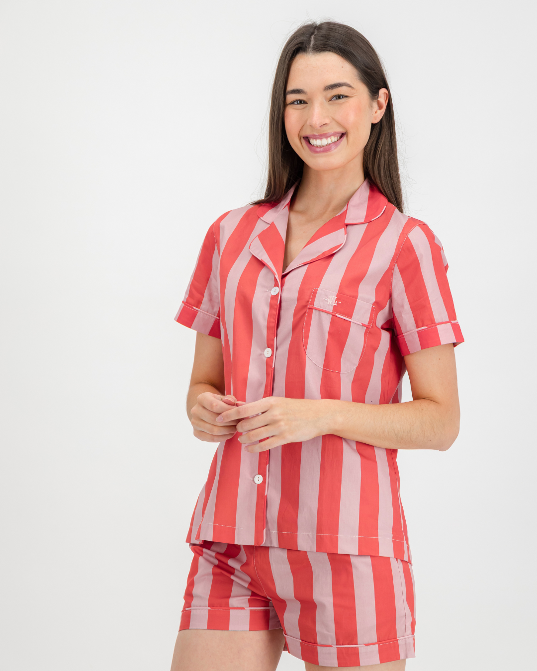 Womens Short Pyjamas - Pink Stripe on Red