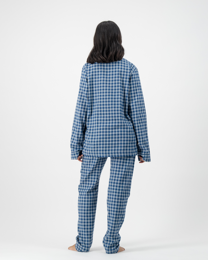 Womens Long Pyjamas - Grey Gingham on Navy