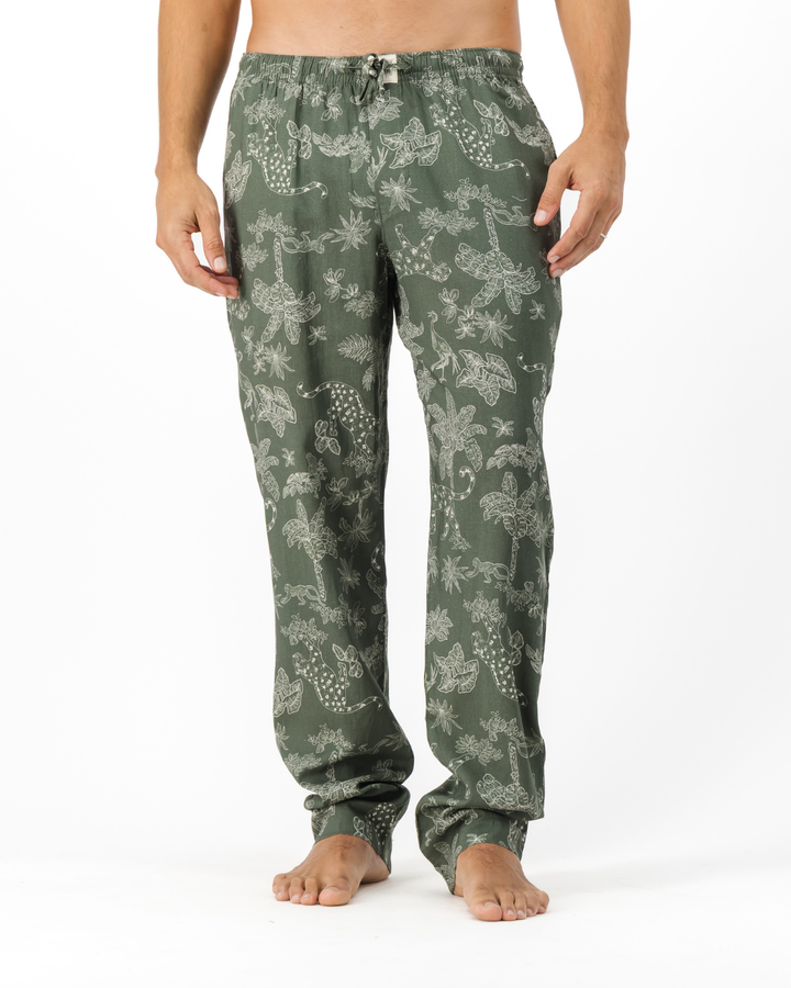 Mens Linen Lounge Pants - Tropical Leopard on Olive