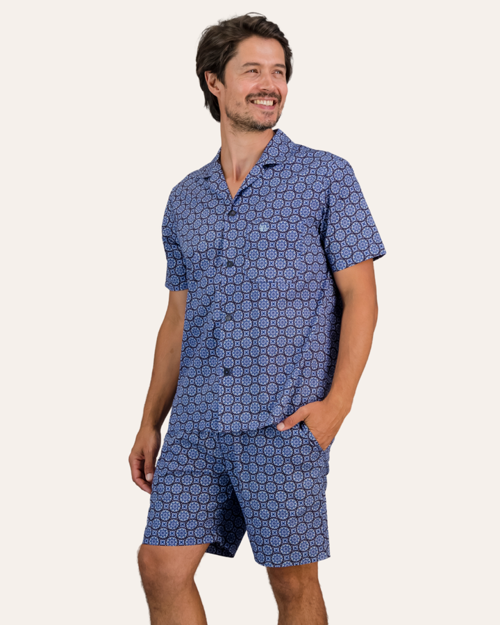 Mens Short Pyjamas - Indigo Floral on Navy