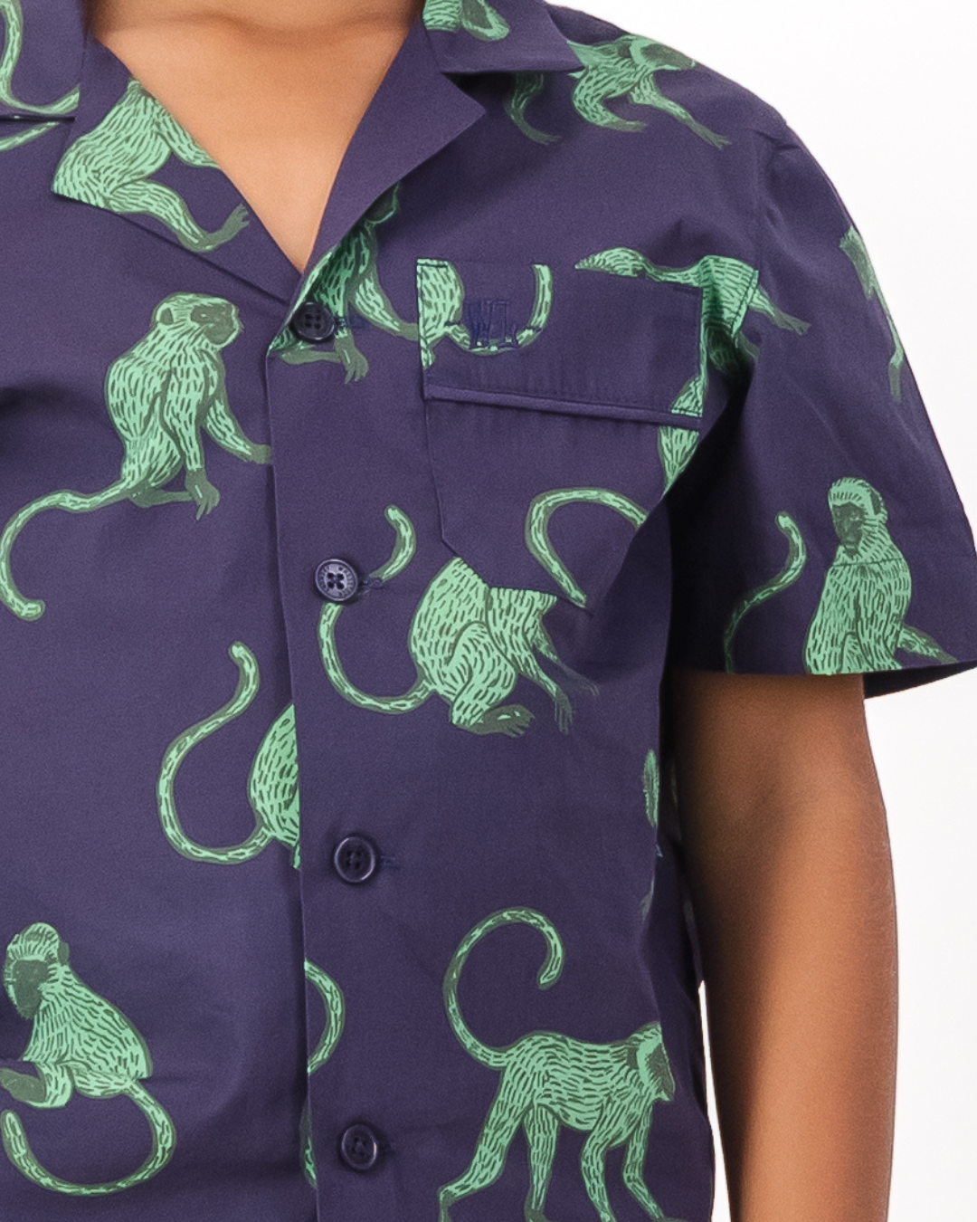 Boys Short Pyjamas - Green Monkey on Navy