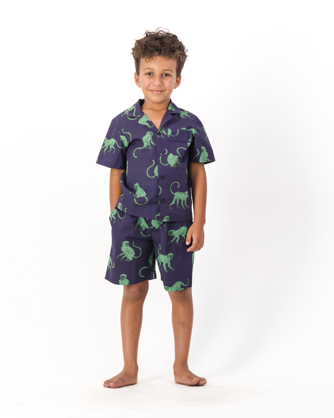 Boys Short Pyjamas - Green Monkey on Navy