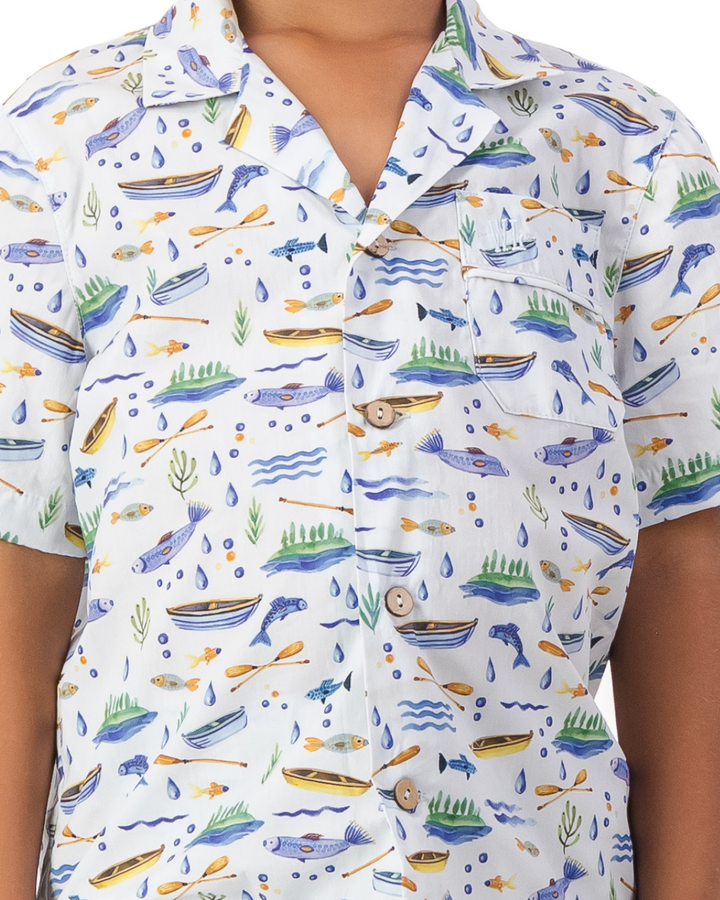 Boys Short Pyjamas - Boats and Fish on Light Blue