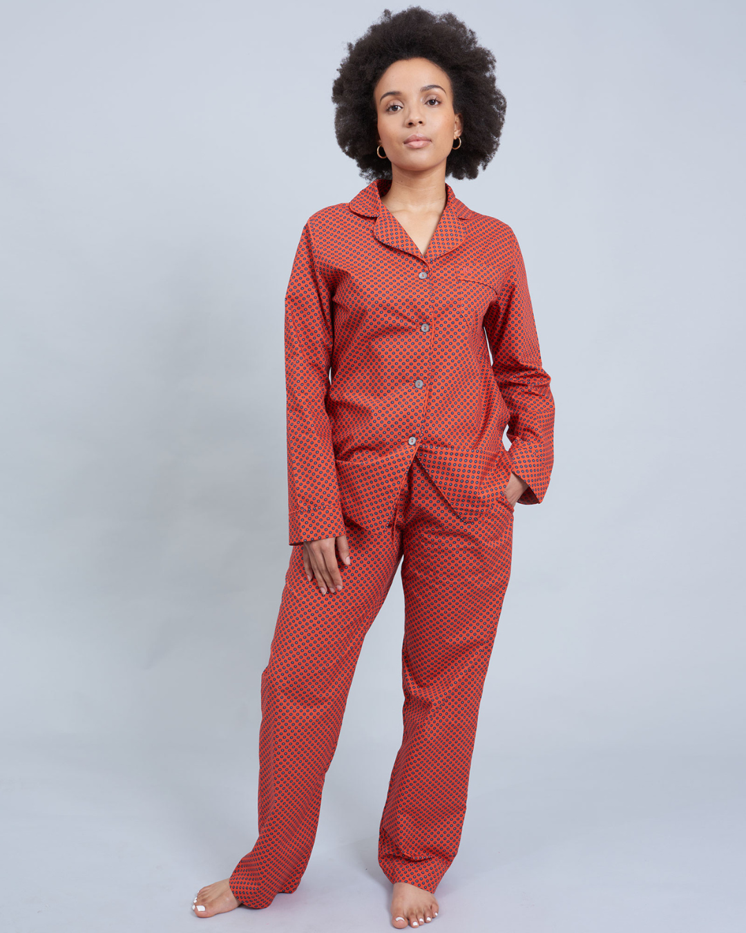 Womens Long Pyjamas - Navy Poppy Circles on Red