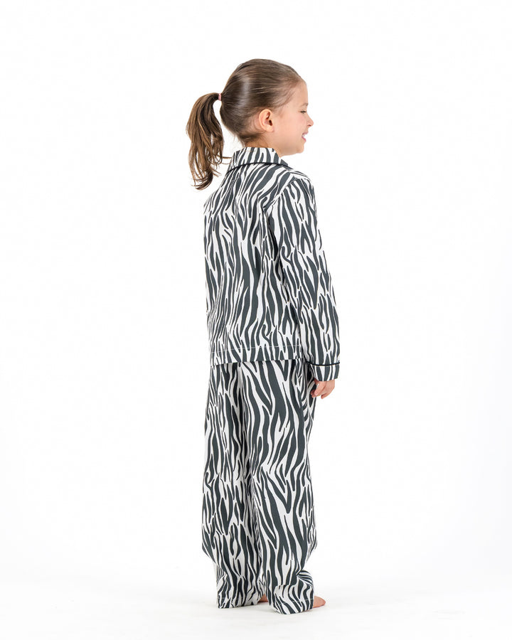 Girls Long Pyjamas - Black Zebra Print on White
