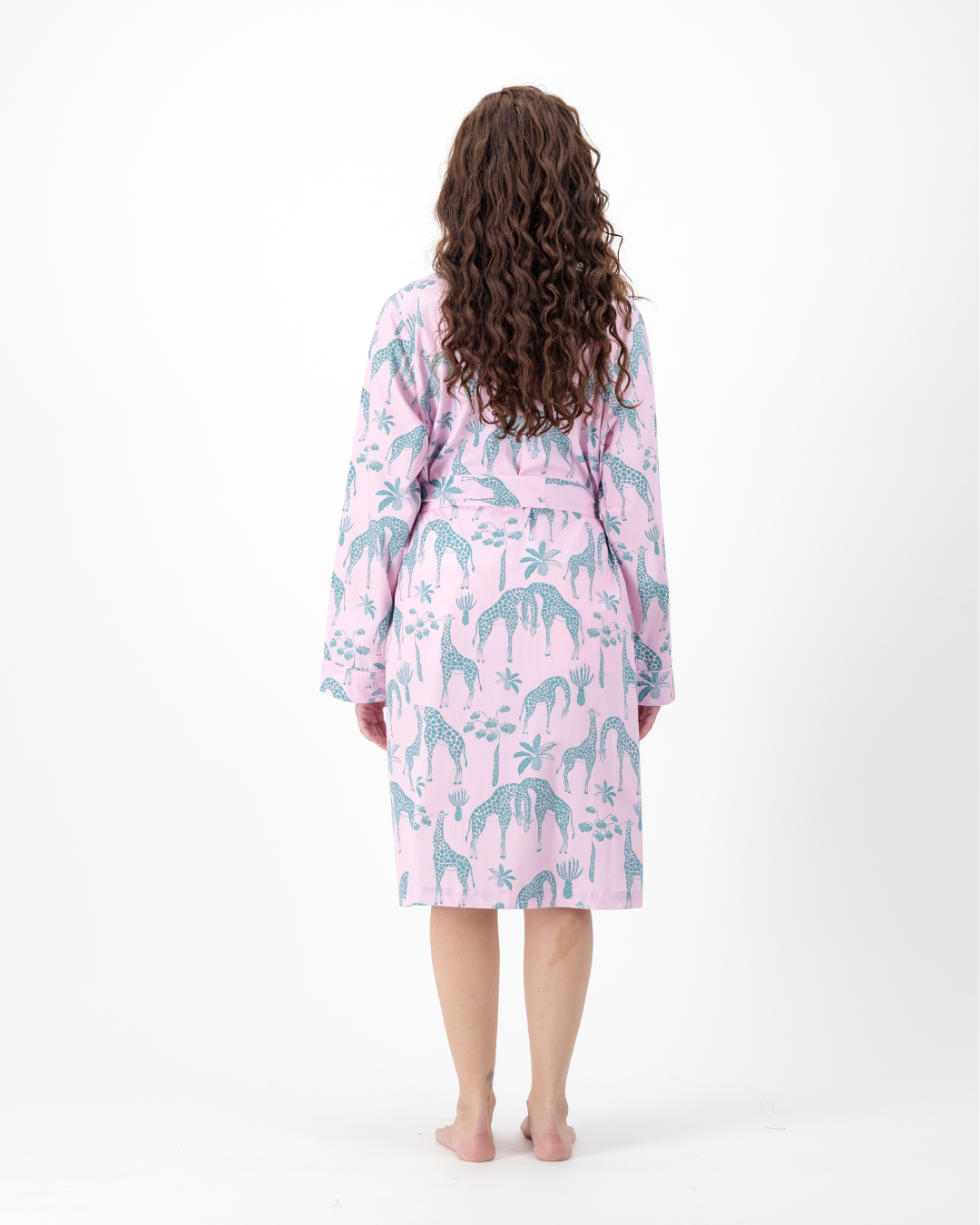 Womens Dressing Gown - Green Giraffes on Pink