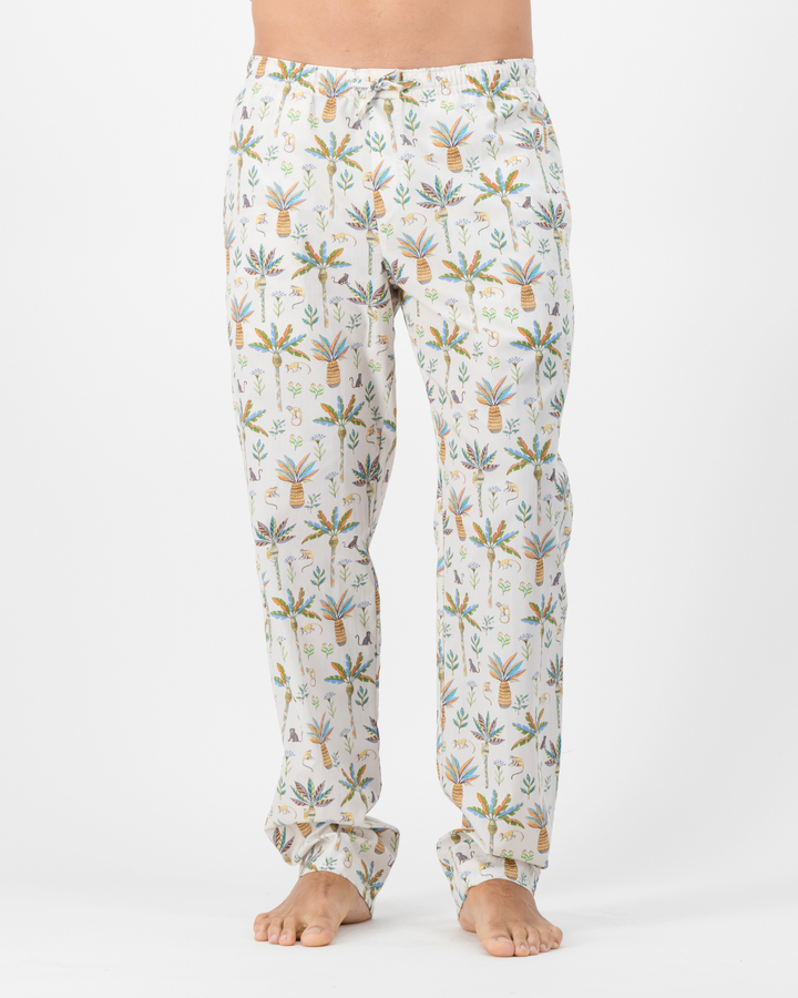 Mens Lounge Pants - Monkeys and Palms on Off-White