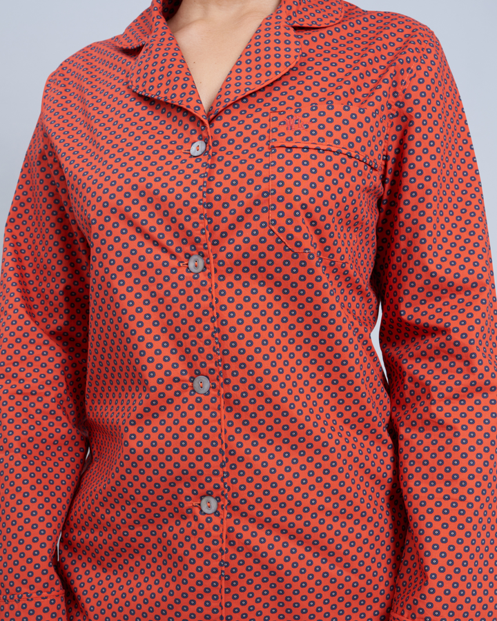 Womens Long Pyjamas - Navy Poppy Circles on Red